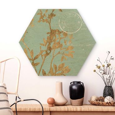 Hexagon Bild Holz - Goldene Blätter auf Turquoise I