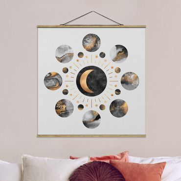 Stoffbild mit Posterleisten - Elisabeth Fredriksson - Mondphasen Abstrakt Gold - Quadrat 1:1
