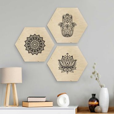Hexagon Bild Holz 3-teilig - Mandala Hamsa Hand Lotus Set auf Weiß