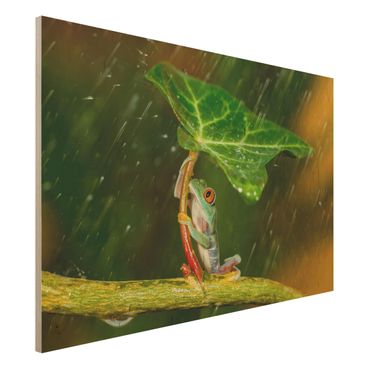 Holzbild - Ein Frosch im Regen - Querformat 2:3