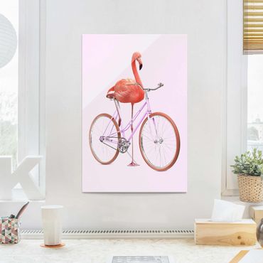 Glasbild - Jonas Loose - Flamingo mit Fahrrad - Hochformat 3:2