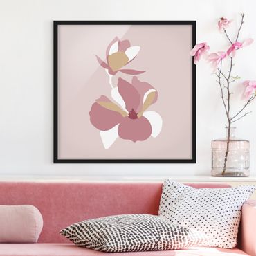 Bild mit Rahmen - Line Art Blüten Pastell Rosa - Quadrat 1:1