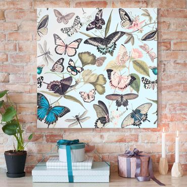 Glasbild - Vintage Collage - Schmetterlinge und Libellen - Quadrat 1:1