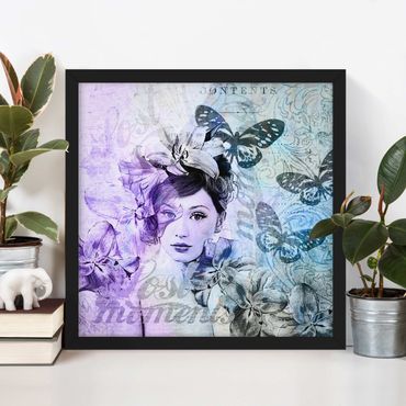 Bild mit Rahmen - Shabby Chic Collage - Portrait mit Schmetterlingen - Quadrat 1:1