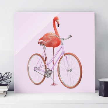Glasbild - Jonas Loose - Flamingo mit Fahrrad - Quadrat 1:1