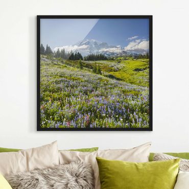Natur & Landschaft Bild mit Rahmen - Bergwiese mit roten Blumen vor Mt. Rainier