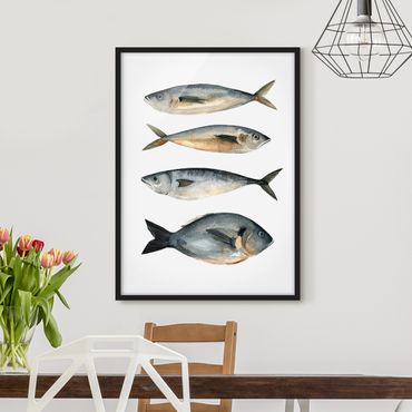 Bild mit Rahmen - Vier Fische in Aquarell I - Hochformat 4:3