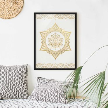 Bild mit Rahmen - Mandala Lotus Illustration Ornament weiß gold - Hochformat 4:3