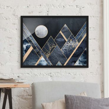 Bild mit Rahmen - Goldener Mond abstrakte schwarze Berge - Querformat 3:4