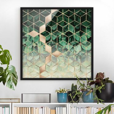 Bild mit Rahmen - Grüne Blätter goldene Geometrie - Quadrat 1:1