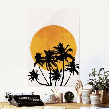 Glasbild - Palmen vor goldener Sonne - Hochformat 3:2