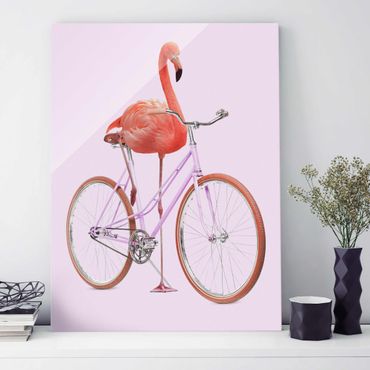 Glasbild - Jonas Loose - Flamingo mit Fahrrad - Hochformat 4:3
