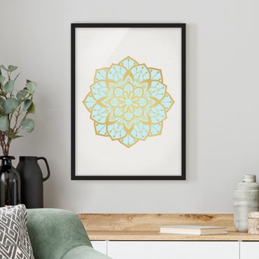 Bild mit Rahmen - Mandala Illustration Blüte hellblau gold - Hochformat 4:3