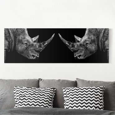 Leinwandbild Schwarz-Weiß - Nashorn Duell - Panoramabild Quer