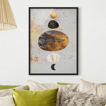 Bild mit Rahmen - Sonne und Mond in Goldglanz - Hochformat 4:3
