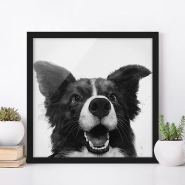 Bild mit Rahmen - Illustration Hund Border Collie Schwarz Weiß Malerei - Quadrat 1:1
