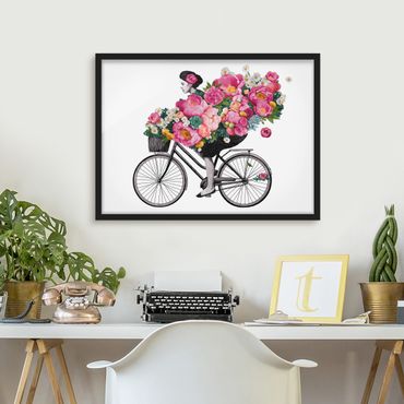 Bild mit Rahmen - Illustration Frau auf Fahrrad Collage bunte Blumen - Querformat 3:4