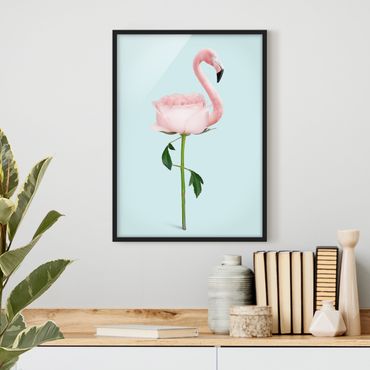 Bild mit Rahmen - Jonas Loose - Flamingo mit Rose - Hochformat 4:3