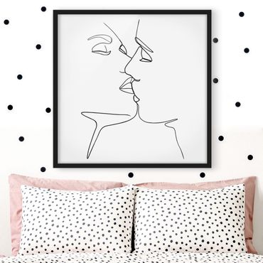 Bild mit Rahmen - Line Art Kuss Gesichter Schwarz Weiß - Quadrat 1:1