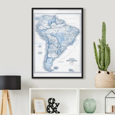 Bild mit Rahmen - Karte in Blautönen - Südamerika - Hochformat 4:3
