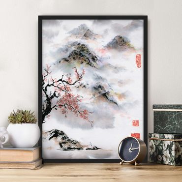Bild mit Rahmen - Japanische Aquarell Zeichnung Kirschbaum und Berge - Hochformat 4:3