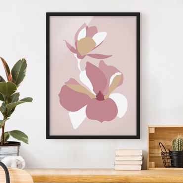 Bild mit Rahmen - Line Art Blüten Pastell Rosa - Hochformat 4:3
