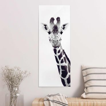Glasbild - Giraffen Portrait in Schwarz-weiß - Hochformat