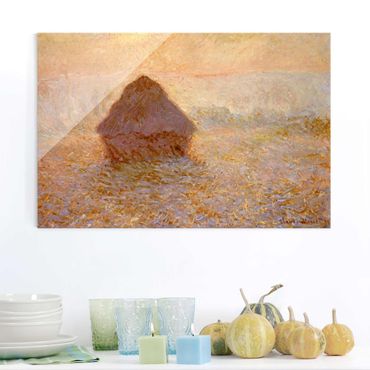 Glasbild - Kunstdruck Claude Monet - Heuhaufen, Sonne bei Nebel - Impressionismus Quer 3:2