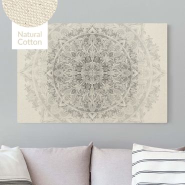 Leinwandbild Natur - Mandala Aquarell Ornament Muster schwarz weiß - Querformat 3:2