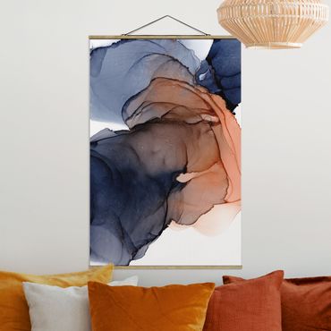 Stoffbild mit Posterleisten - Ozeantropfen Blau-Orange mit Gold - Hochformat 2:3