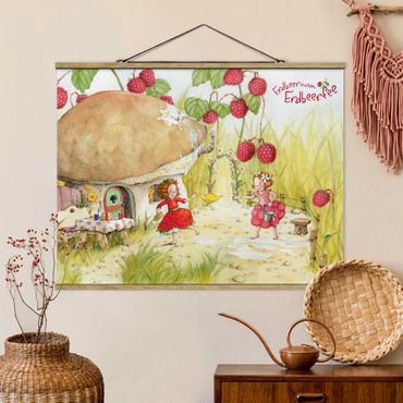 Stoffbild mit Posterleisten - Erdbeerinchen Erdbeerfee - Unter dem Himbeerstrauch - Querformat 4:3