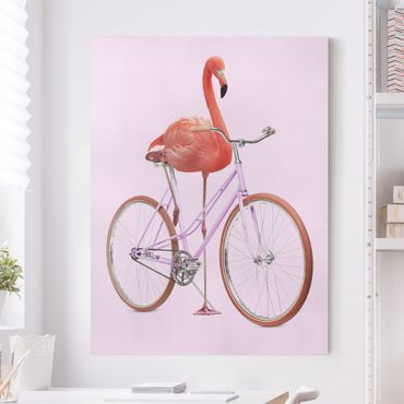 Leinwandbild - Jonas Loose - Flamingo mit Fahrrad - Hochformat 4:3
