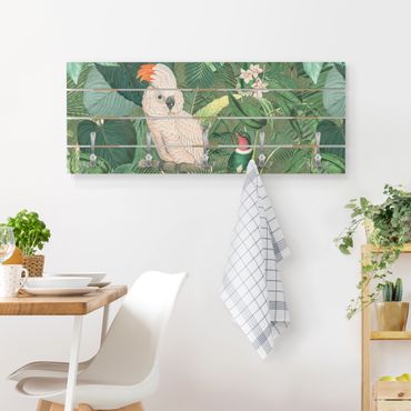 Wandgarderobe Holz - Vintage Collage - Kakadu und Kolibri - Haken chrom Querformat