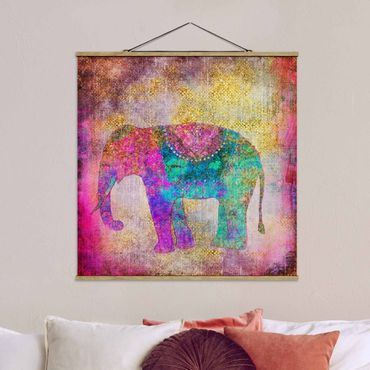 Stoffbild mit Posterleisten - Bunte Collage - Indischer Elefant - Quadrat 1:1