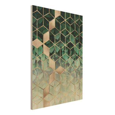 Holzbild - Grüne Blätter goldene Geometrie - Hochformat 4:3