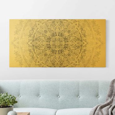 Leinwandbild Gold - Mandala Aquarell Ornament Muster schwarz weiß - Querformat 1:2