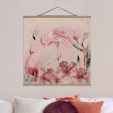 Stoffbild mit Posterleisten - Shabby Chic Collage - Flamingo - Quadrat 1:1