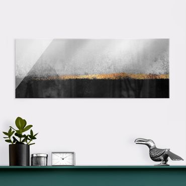 Glasbild - Abstrakter Goldener Horizont Schwarz Weiß - Panorama 5:2