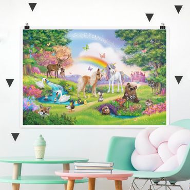 Poster Kinderzimmer - Animal Club International - Zauberwald mit Einhorn - Querformat 2:3