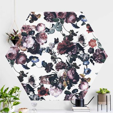 Hexagon Mustertapete selbstklebend - Altmeisterliche Blüten mit Tulpen und Rosen auf Weiß