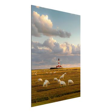 Alu-Dibond Bild - Nordsee Leuchtturm mit Schafsherde