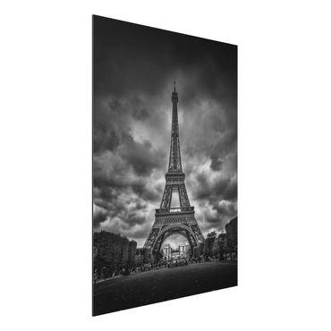 Aluminium Print - Eiffelturm vor Wolken schwarz-weiß - Hochformat 4:3