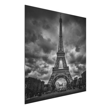 Aluminium Print - Eiffelturm vor Wolken schwarz-weiß - Quadrat 1:1