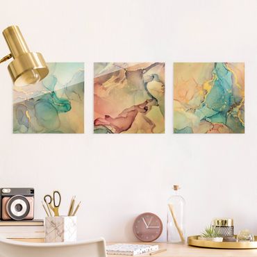 Glasbild mehrteilig - Aquarell Pastell mit Gold 3-teilig