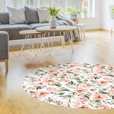 Runder Vinyl-Teppich - Aquarell Rosa Blüten vor Weiß