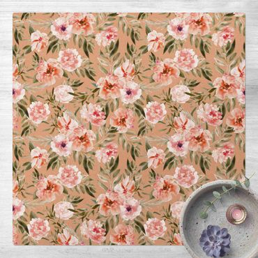 Kork-Teppich - Aquarell Rosa Blüten vor Weiß - Quadrat 1:1