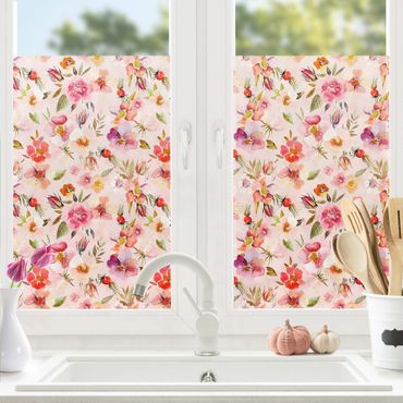 Fensterfolie - Sichtschutz - Aquarellierte Blumen auf Rosa - Fensterbilder