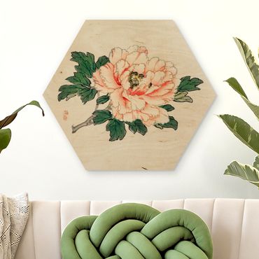 Hexagon-Holzbild - Asiatische Vintage Zeichnung Rosa Chrysantheme