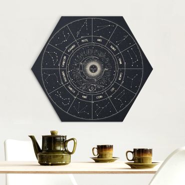 Hexagon-Alu-Dibond Bild - Astrologie Die 12 Sternzeichen Blau Gold