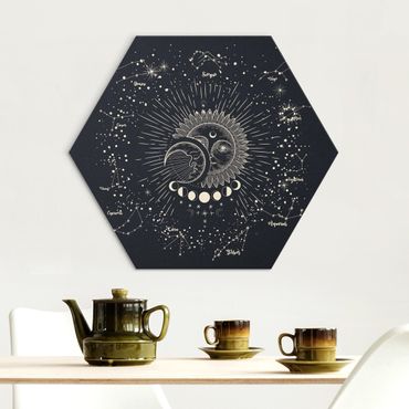 Hexagon-Alu-Dibond Bild - Astrologie Sonne Mond und Sterne Blau Gold